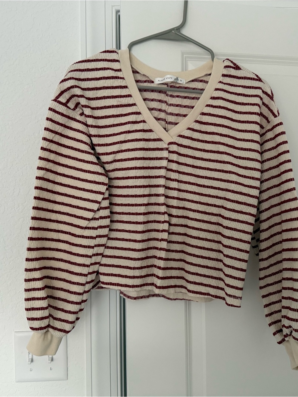 Altar'd State Cream & Burgundy Stripe V-Neck Sweater